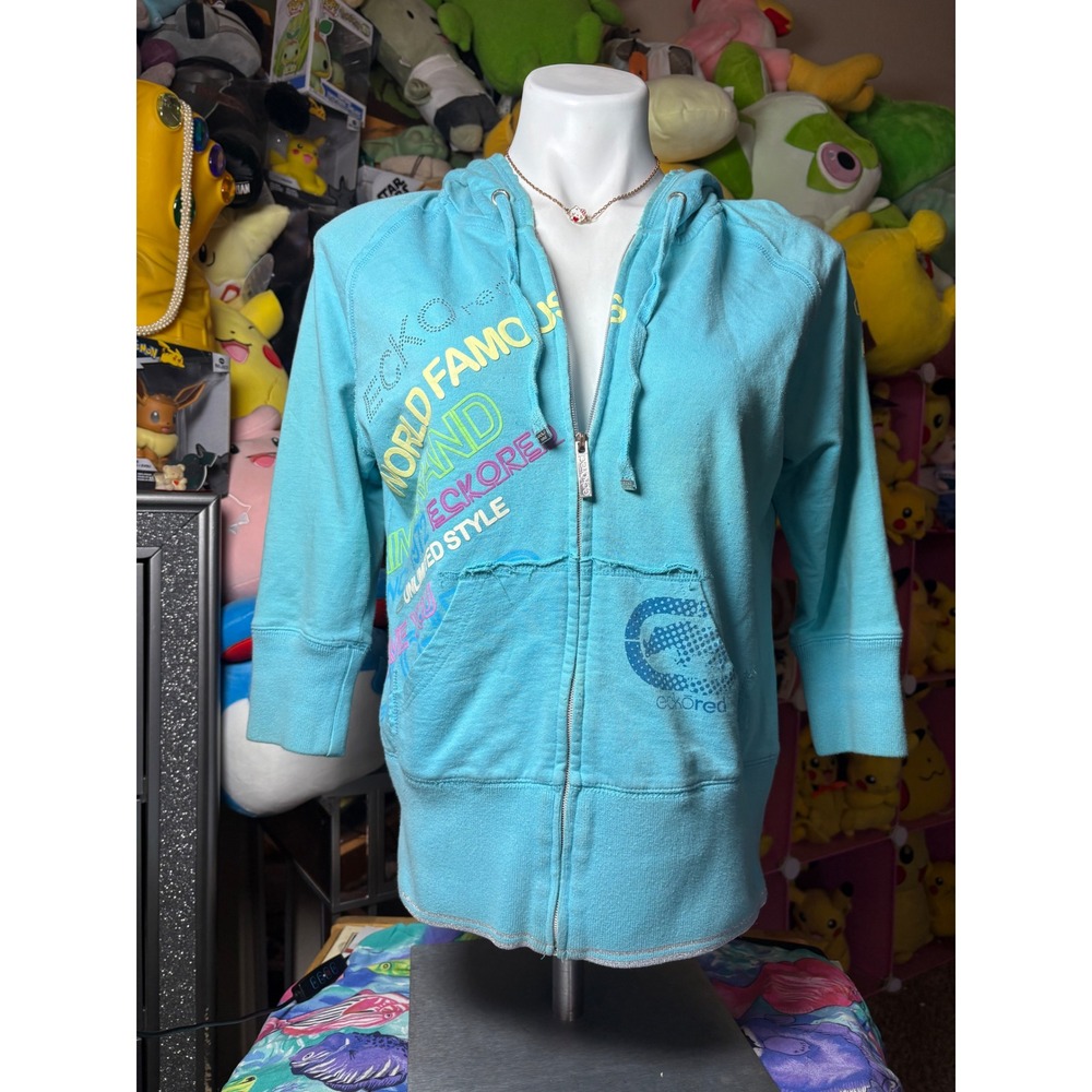 Y2K Ecko Red Womens Turquoise Blue Graphic Zip Up Hoodie 3/4 Sleeve Large #5